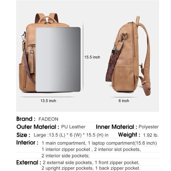 Women Camel Brown Retro Style Backpack Designer 15.6 inch PU Leather Laptop Bag - Picture 3 of 9